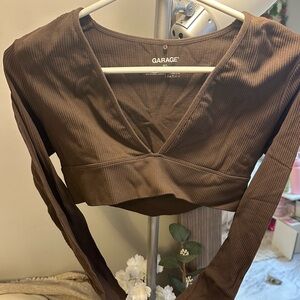 Garage Brown Deep V-Neck Ribbed Crop Top